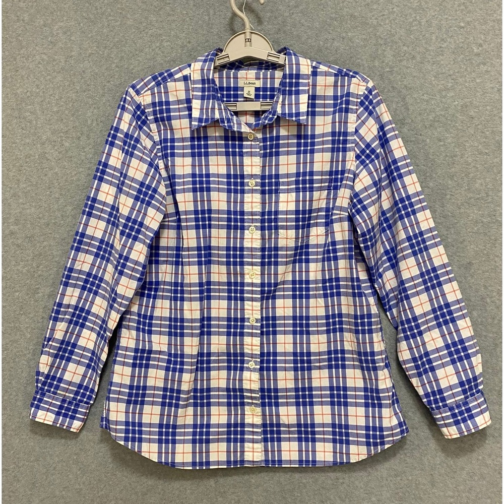 LL BEAN Men's Medium Button Up Shirt White Blue‎ Long Sleeve Regular Fit Plaid